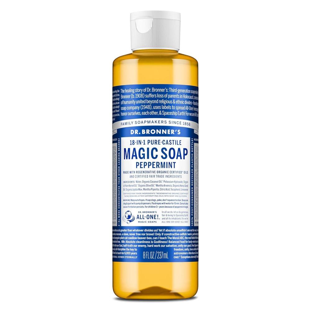 image:imageDr Bronners PureCastile Magic Liquid Soap Made with Regenerative Organic Certified Oils 18in1 Uses for Face Body Hand Hair Laundry amp More Vegan NonGMO Body Wash Peppermint32oz8 Fl Oz Pack of 1