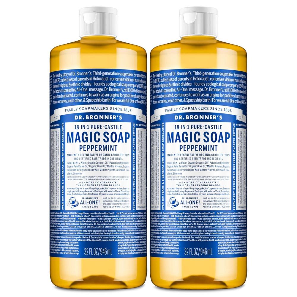 image:imageDr Bronners PureCastile Magic Liquid Soap Made with Regenerative Organic Certified Oils 18in1 Uses for Face Body Hand Hair Laundry amp More Vegan NonGMO Body Wash Peppermint32oz32 Fl Oz Pack of 2