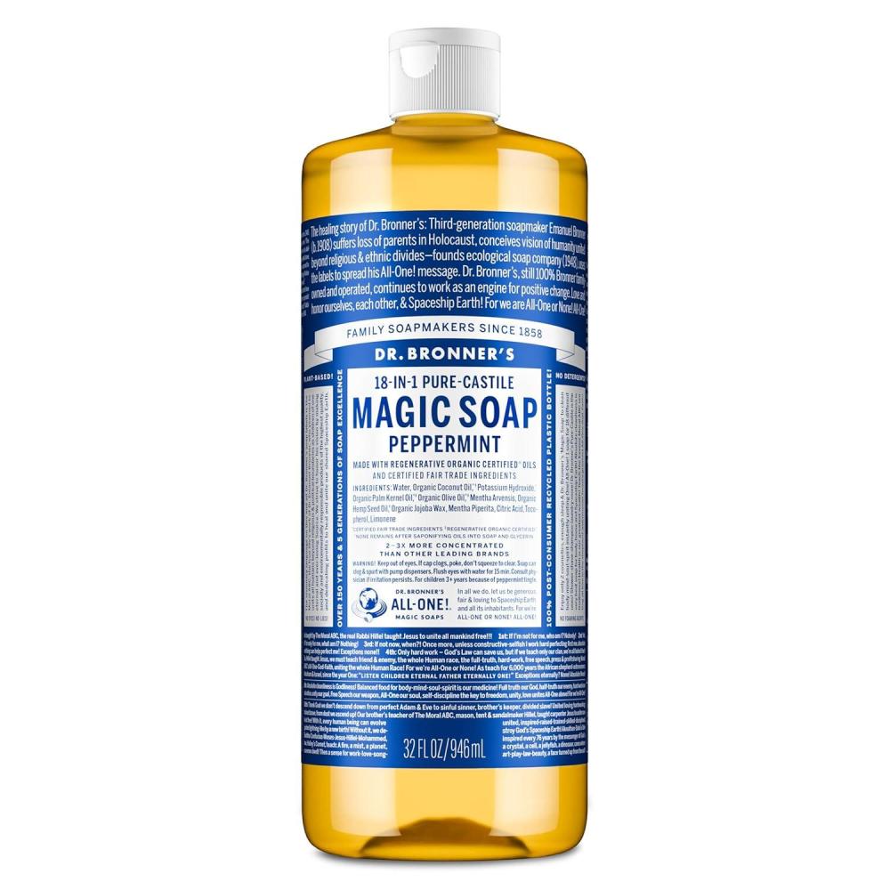 image:imageDr Bronners PureCastile Magic Liquid Soap Made with Regenerative Organic Certified Oils 18in1 Uses for Face Body Hand Hair Laundry amp More Vegan NonGMO Body Wash Peppermint32oz32 Fl Oz Pack of 1