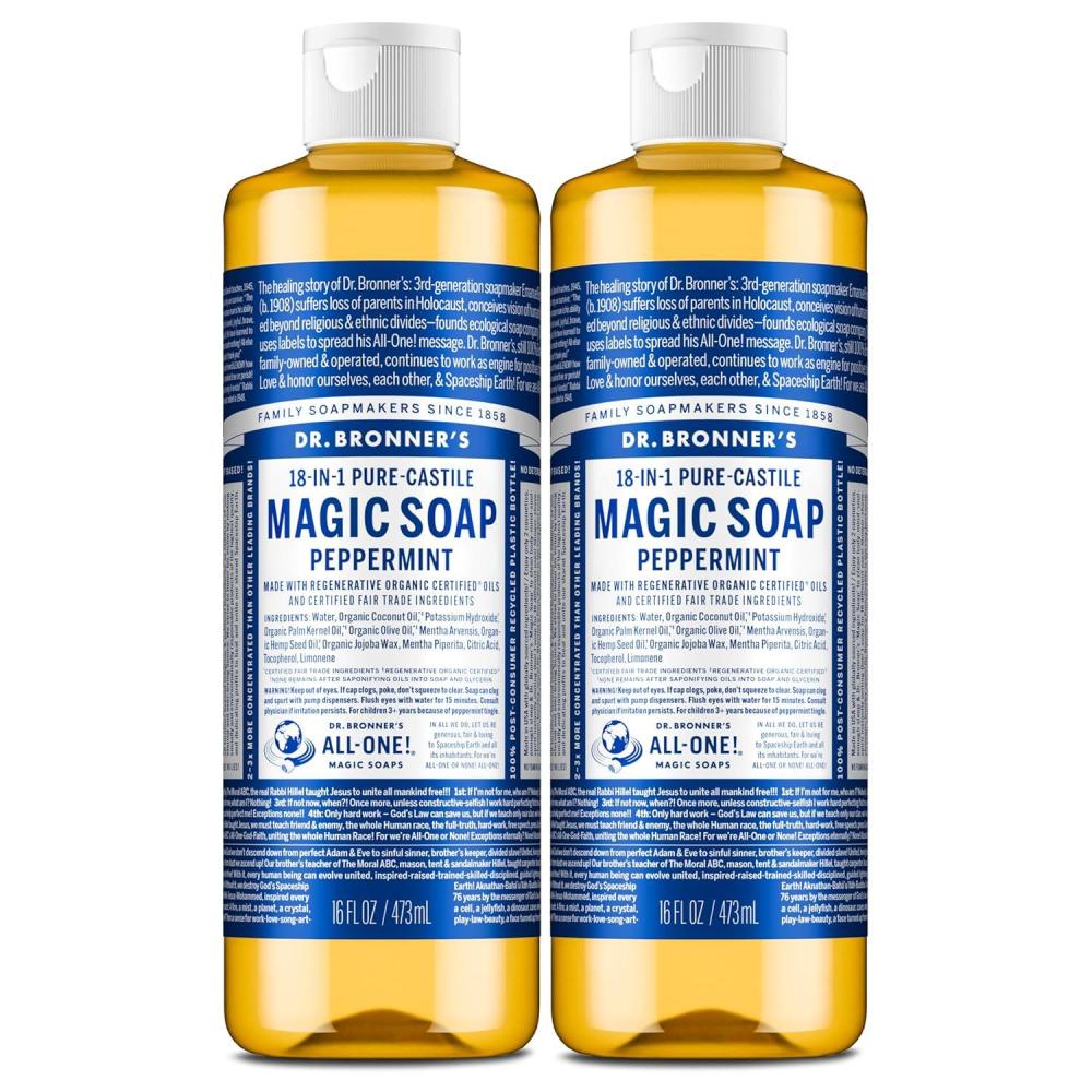 image:imageDr Bronners PureCastile Magic Liquid Soap Made with Regenerative Organic Certified Oils 18in1 Uses for Face Body Hand Hair Laundry amp More Vegan NonGMO Body Wash Peppermint32oz16 Fl Oz Pack of 2