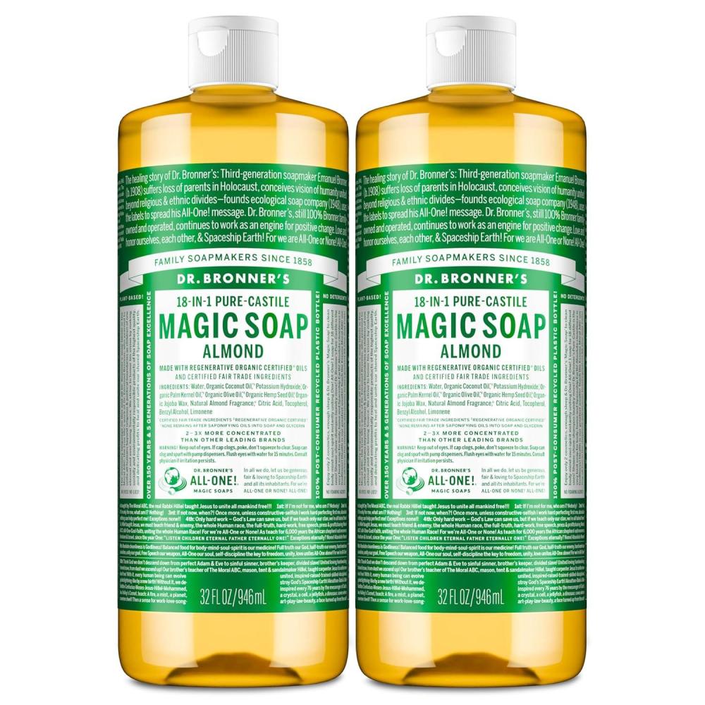 image:imageDr Bronners PureCastile Magic Liquid Soap Almond 16 Ounce 2Pack Made with Regenerative Organic Certified Oils 18in1 Uses Face Hair Hand amp Body Soap Laundry Pets Concentrated Vegan32 Fl Oz Pack of 1