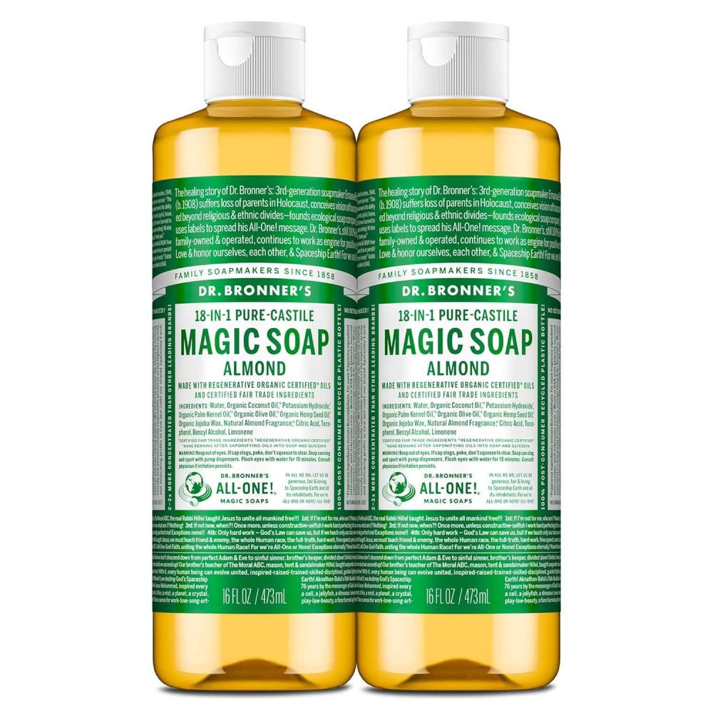 image:imageDr Bronners PureCastile Magic Liquid Soap Almond 16 Ounce 2Pack Made with Regenerative Organic Certified Oils 18in1 Uses Face Hair Hand amp Body Soap Laundry Pets Concentrated Vegan16 Fl Oz Pack of 2