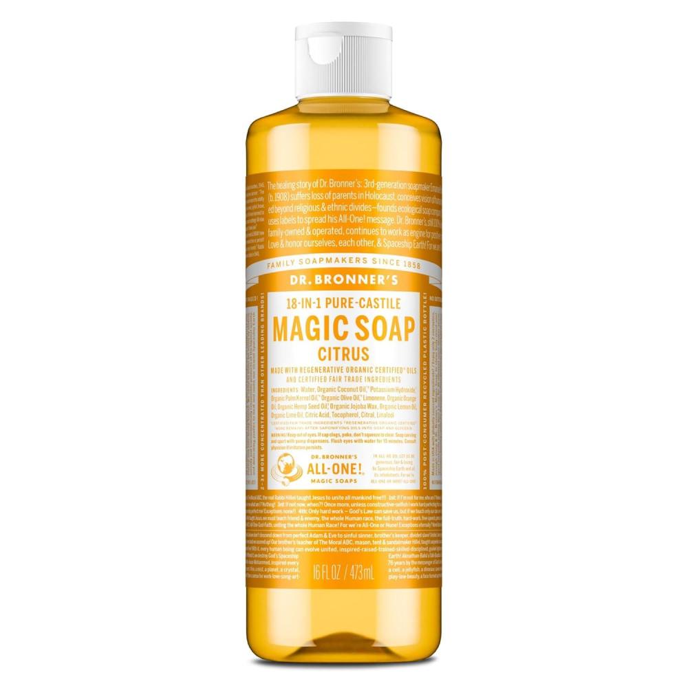 image:imageDr Bronners PureCastile Magic Liquid Soap Citrus 16 Ounce 2Pack Made with Regenerative Organic Certified Oils 18in1 Uses Face Hair Hand amp Body Soap Laundry Pets Concentrated Vegan16 Fl Oz Pack of 1
