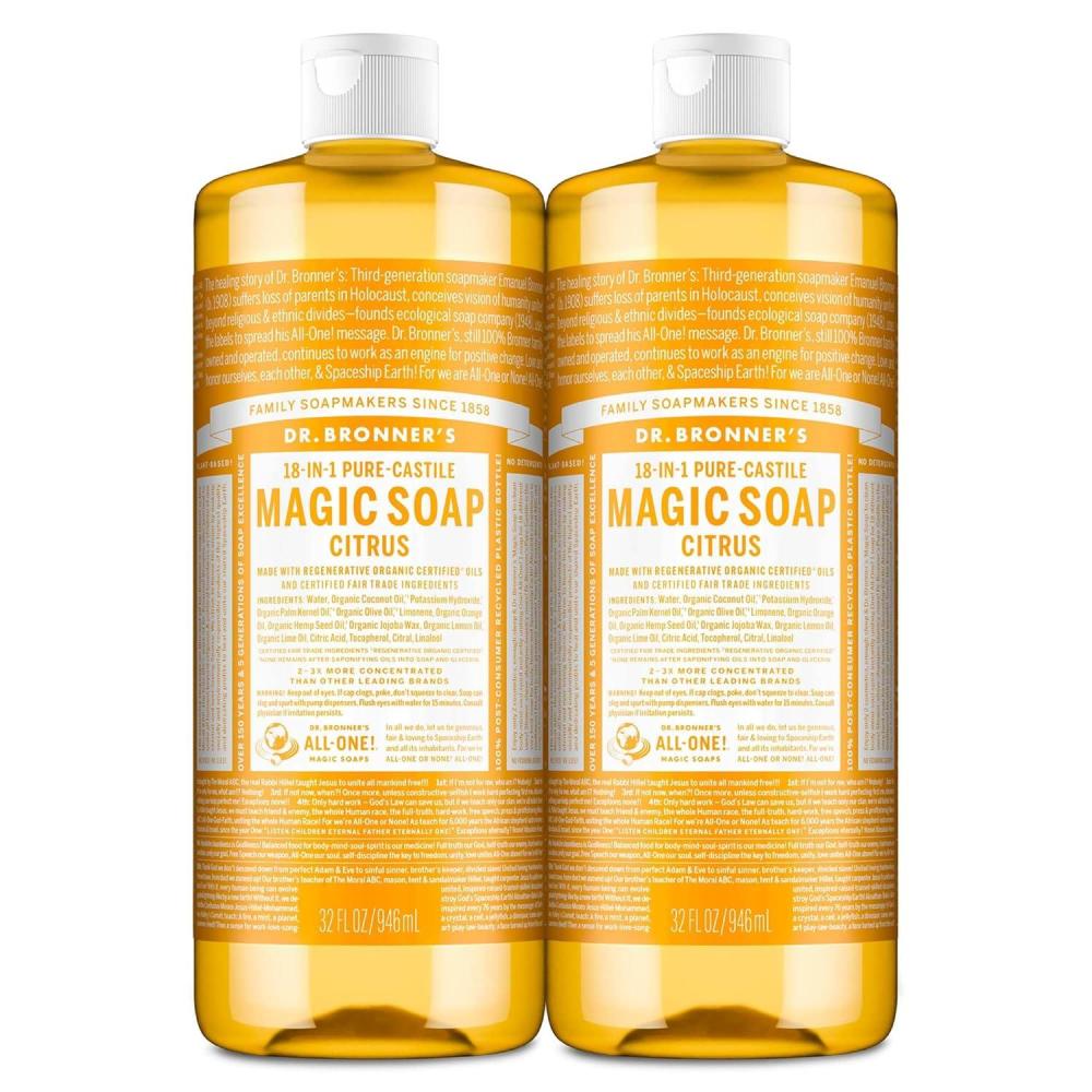 image:imageDr Bronners PureCastile Magic Liquid Soap Citrus 16 Ounce 2Pack Made with Regenerative Organic Certified Oils 18in1 Uses Face Hair Hand amp Body Soap Laundry Pets Concentrated Vegan32 Fl Oz Pack of 2