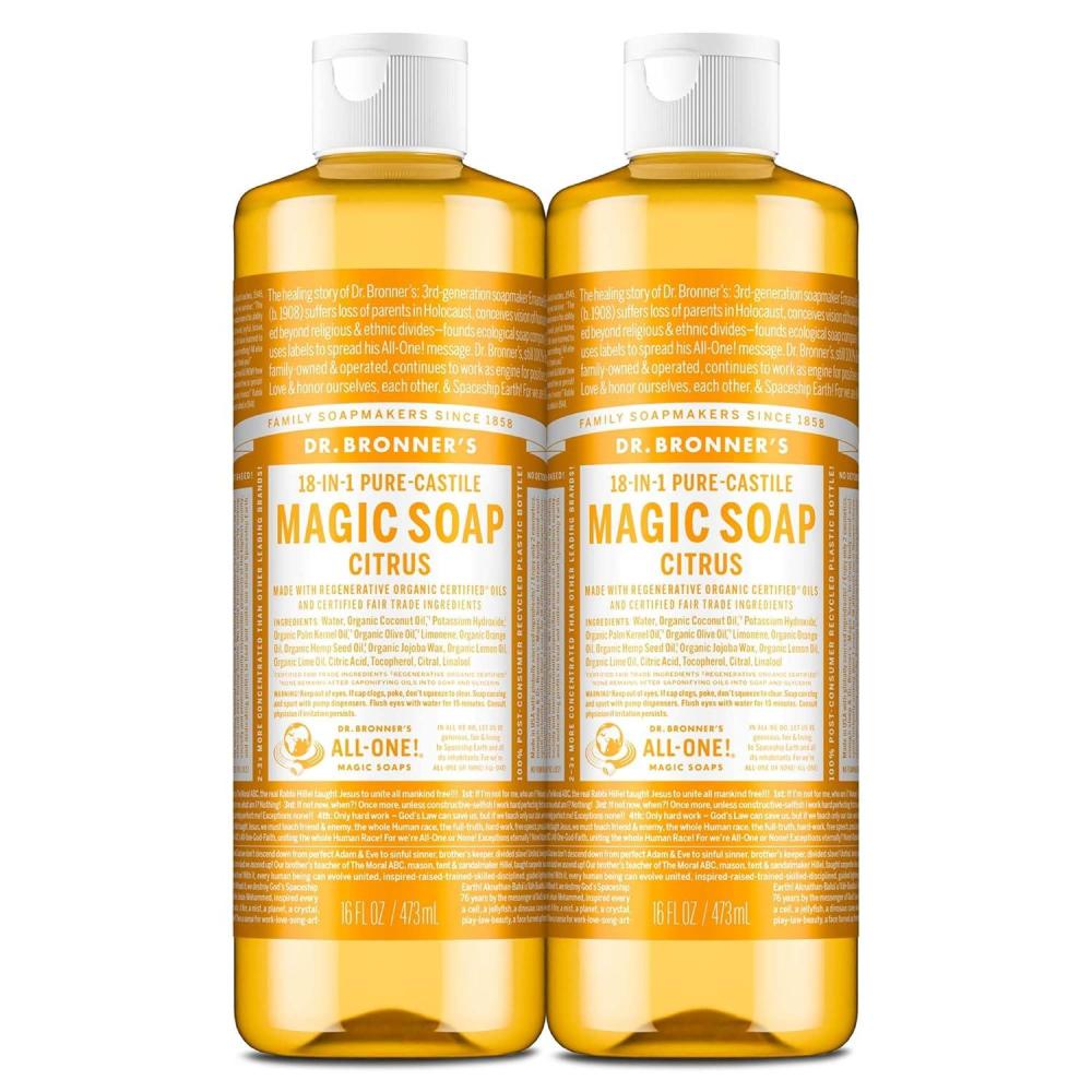 image:imageDr Bronners PureCastile Magic Liquid Soap Citrus 16 Ounce 2Pack Made with Regenerative Organic Certified Oils 18in1 Uses Face Hair Hand amp Body Soap Laundry Pets Concentrated Vegan16 Fl Oz Pack of 2