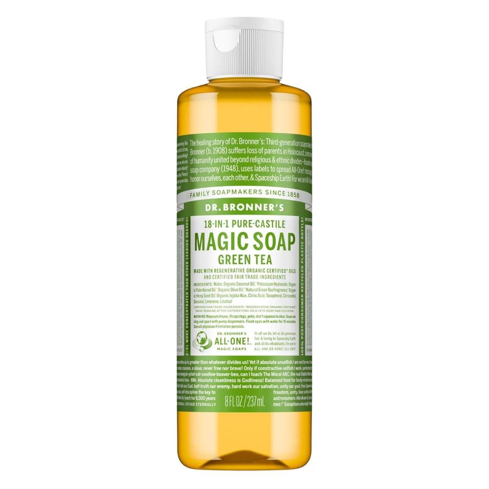 image:imageDr Bronners PureCastile Magic Liquid Soap Green Tea 32 Ounce Made with Regenerative Organic Certified Oils For Face Hair Hand amp Body Soap Laundry Pets Concentrated Vegan NonGMOGreen Tea