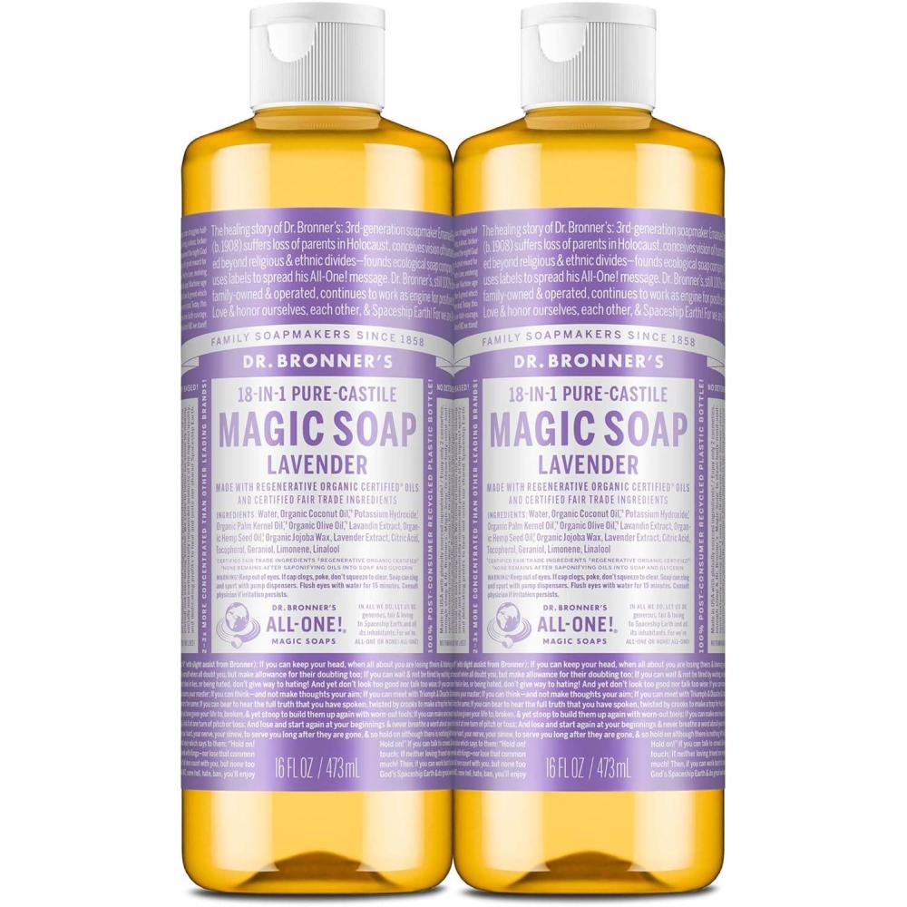 image:imageDr Bronners PureCastile Magic Liquid Soap Lavender 16 Ounce 2Pack Made with Regenerative Organic Certified Oils 18in1 Uses Face Hair Hand amp Body Soap Laundry Pets Concentrated Vegan