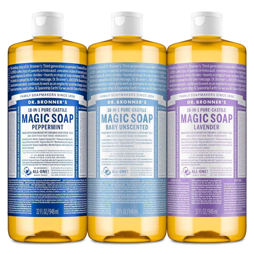 image:imageDr Bronners PureCastile Magic Liquid Soap Made with Regenerative Organic Oils Vegan Concentrated Body Wash For Face Hair Laundry 32oz Variety 3Pack Peppermint Baby Unscented LavenderPeppermint Unscented Lavender