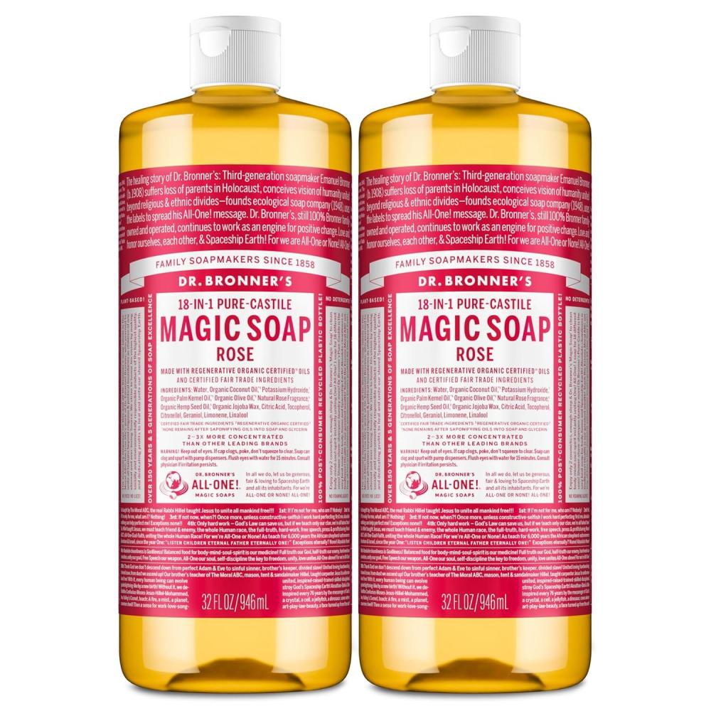 image:imageDr Bronners PureCastile Magic Liquid Soap Rose 32 Ounce 2Pack Made with Regenerative Organic Certified Oils 18in1 Uses Face Hair Hand amp Body Soap Laundry Pets Concentrated Vegan32 Fl Oz Pack of 2