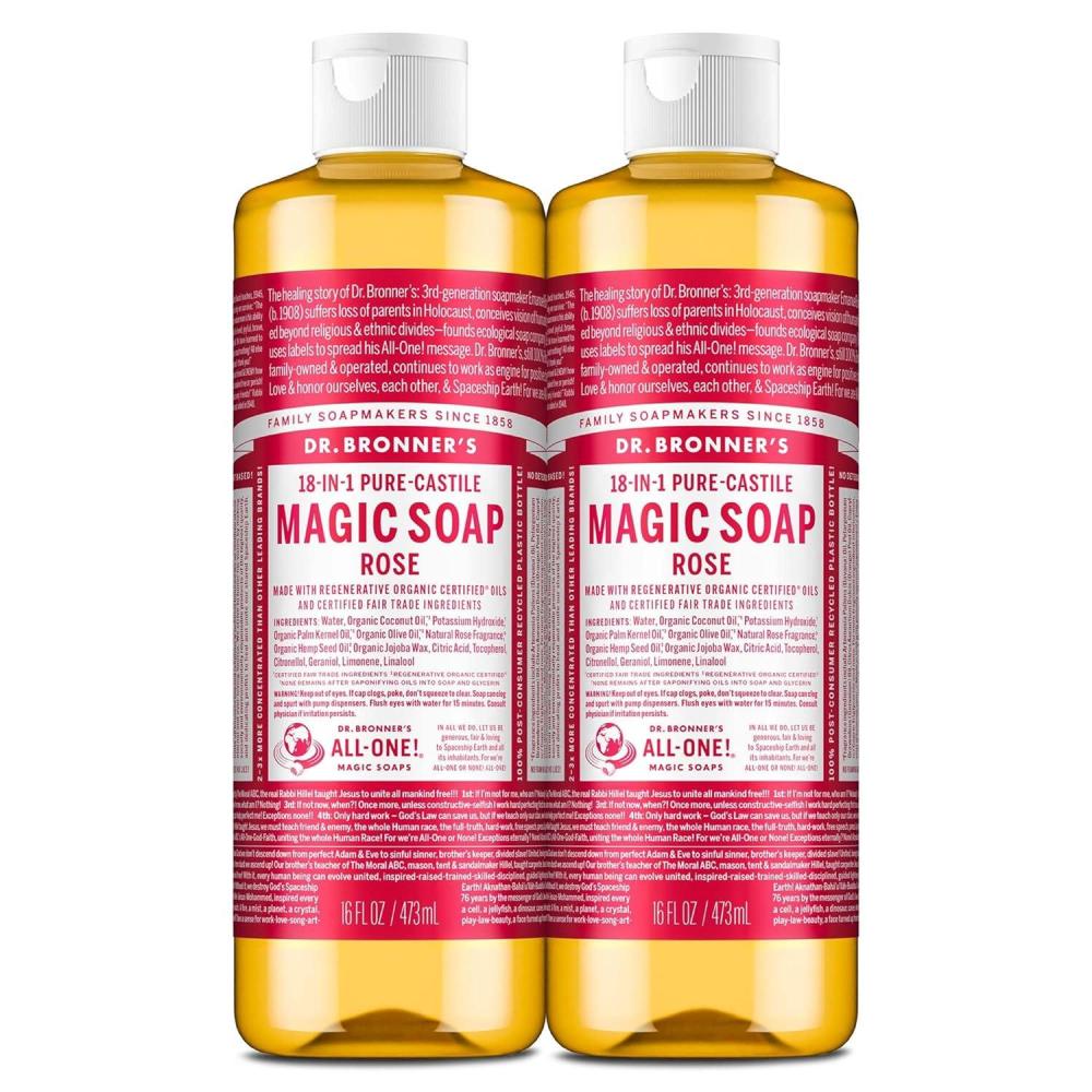 image:imageDr Bronners PureCastile Magic Liquid Soap Rose 32 Ounce 2Pack Made with Regenerative Organic Certified Oils 18in1 Uses Face Hair Hand amp Body Soap Laundry Pets Concentrated Vegan16 Fl Oz Pack of 2