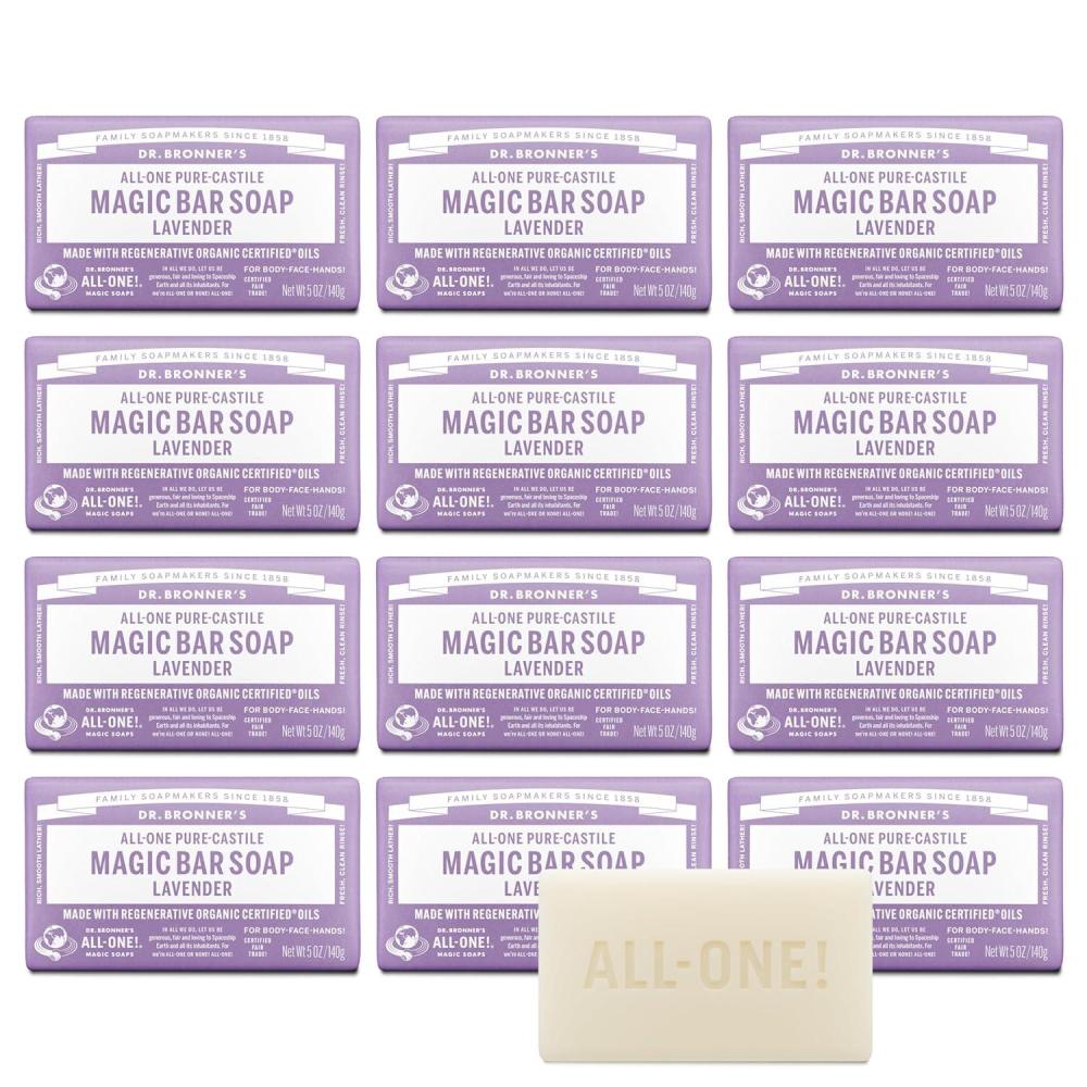 image:imageDr Bronners PureCastile Magic Soap Bars Lavender 5 oz 6Pack Bath Soap with Regenerative Organic Certified Oils For Face Body amp Hair Gentle Biodegradable Vegan Bar Soaps for Men amp Women5 Ounce Pack of 12