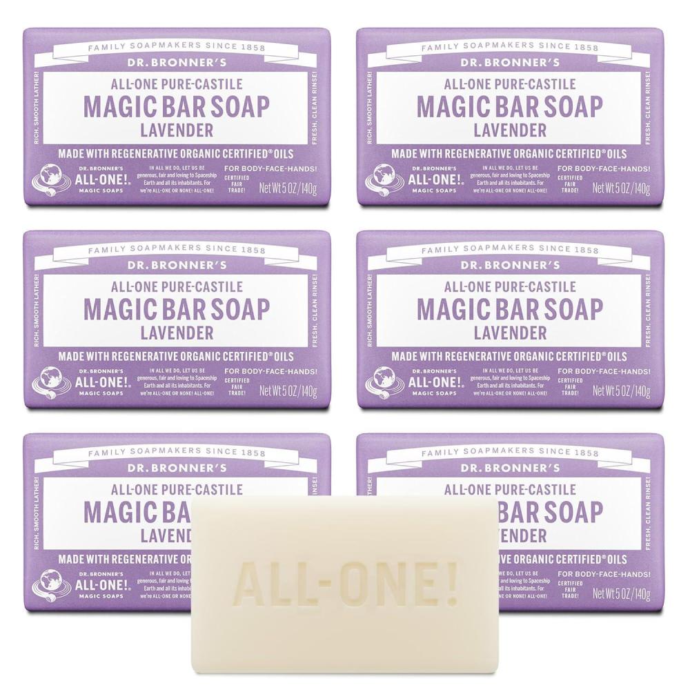 image:imageDr Bronners PureCastile Magic Soap Bars Lavender 5 oz 6Pack Bath Soap with Regenerative Organic Certified Oils For Face Body amp Hair Gentle Biodegradable Vegan Bar Soaps for Men amp Women5 Ounce Pack of 6
