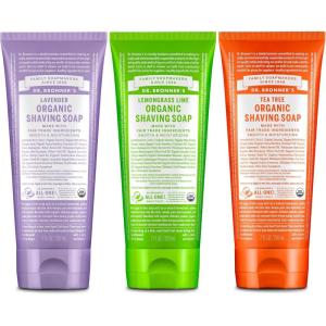 Dr. Bronner’s Organic Shaving Soap– 3 Pack Variety, 7oz (Lavender, Tea Tree, Lemongrass)– Moisturizing Shave Soap for Men & Women– Certified Organic Sugar & Shikakai– For Face, Underarms & Legs(Lavender  Tea Tree  Lemongrass)