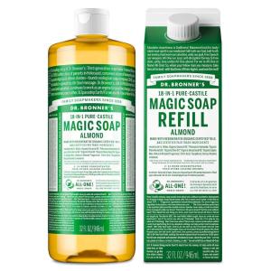Dr. Bronner’s Pure-Castile Liquid Magic Soap Bottle & Refill Carton – Made with Regenerative Organic Certified Oils, 86% Less Plastic per Quart – For Face, Body Wash, Hand Soap Refill- Lavender, 32oz(Almond)