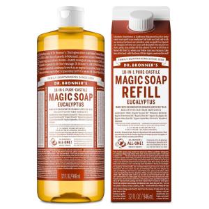Dr. Bronner’s Pure-Castile Liquid Magic Soap Bottle & Refill Carton – Made with Regenerative Organic Certified Oils, 86% Less Plastic per Quart – For Face, Body Wash, Hand Soap Refill- Lavender, 32oz(Eucalyptus)