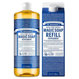 Dr. Bronner’s Pure-Castile Liquid Magic Soap Bottle & Refill Carton – Made with Regenerative Organic Certified Oils, 86% Less Plastic per Quart – For Face, Body Wash, Hand Soap Refill- Lavender, 32oz(Peppermint)