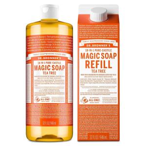 Dr. Bronner’s Pure-Castile Liquid Magic Soap Bottle & Refill Carton – Made with Regenerative Organic Certified Oils, 86% Less Plastic per Quart – For Face, Body Wash, Hand Soap Refill- Lavender, 32oz(Tea Tree)