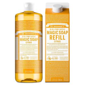 Dr. Bronner’s Pure-Castile Liquid Magic Soap Bottle & Refill Carton – Made with Regenerative Organic Certified Oils, 86% Less Plastic per Quart – For Face, Body Wash, Hand Soap Refill- Lavender, 32oz(Citrus)