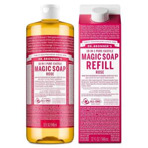 Dr. Bronner’s Pure-Castile Liquid Magic Soap Bottle & Refill Carton – Made with Regenerative Organic Certified Oils, 86% Less Plastic per Quart – For Face, Body Wash, Hand Soap Refill- Lavender, 32oz(Rose)