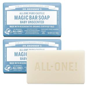Dr. Bronner’s Pure-Castile Magic Bar Soap (Baby Unscented, 5 oz, 6-Pack) – Made with Regenerative Organic Certified Oils, For Face, Body & Hair, Gentle for Sensitive Skin – Vegan, Non-GMO(5 Ounce (Pack of 2))