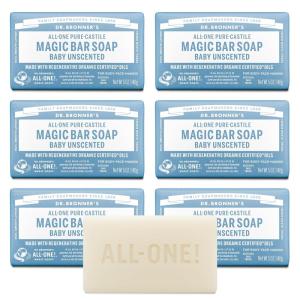 Dr. Bronner’s Pure-Castile Magic Bar Soap (Baby Unscented, 5 oz, 6-Pack) – Made with Regenerative Organic Certified Oils, For Face, Body & Hair, Gentle for Sensitive Skin – Vegan, Non-GMO(5 Ounce (Pack of 6))