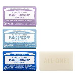 Dr. Bronner’s Pure-Castile Magic Bar Soap- Made with Regenerative Organic Certified Oils- For Face, Body, Hair, Vegan Soap Bars for Men & Women- Variety 3-Pack, Peppermint Lavender, Unscented(5 Ounce (Pack of 3))