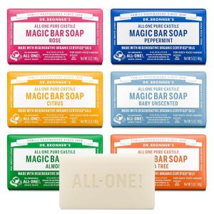 Dr. Bronner’s Pure-Castile Magic Bar Soap- Made with Regenerative Organic Certified Oils- For Face, Body, Hair, Vegan Soap Bars for Men & Women- Variety 3-Pack, Peppermint Lavender, Unscented(5 Ounce (Pack of 6))