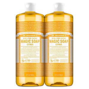 Dr. Bronner’s Pure-Castile Magic Liquid Soap (Citrus, 16 Ounce, 2-Pack)- Made with Regenerative Organic Certified Oils, 18-in1 Uses: Face, Hair, Hand & Body Soap, Laundry, Pets- Concentrated, Vegan(32 Fl Oz (Pack of 2))