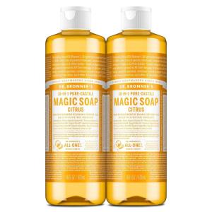 Dr. Bronner’s Pure-Castile Magic Liquid Soap (Citrus, 16 Ounce, 2-Pack)- Made with Regenerative Organic Certified Oils, 18-in1 Uses: Face, Hair, Hand & Body Soap, Laundry, Pets- Concentrated, Vegan(16 Fl Oz (Pack of 2))