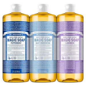 Dr. Bronner’s Pure-Castile Magic Liquid Soap Made with Regenerative Organic Oils, Vegan, Concentrated, Body Wash- For Face, Hair, Laundry – 32oz Variety 3-Pack (Peppermint, Baby Unscented, Lavender)(Peppermint  Unscented  Lavender)