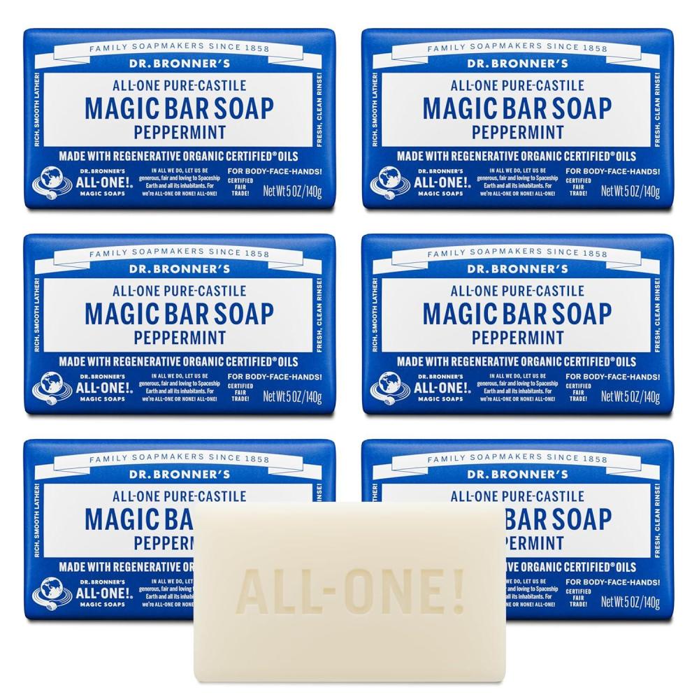 image:imageDr Bronners PureCastile Magic Bar Soap Peppermint 5oz 12Pack  Made with Regenerative Organic Certified Oils Soap Bars for Men amp Women Vegan CrueltyFree NonGMO5 Ounce Pack of 6