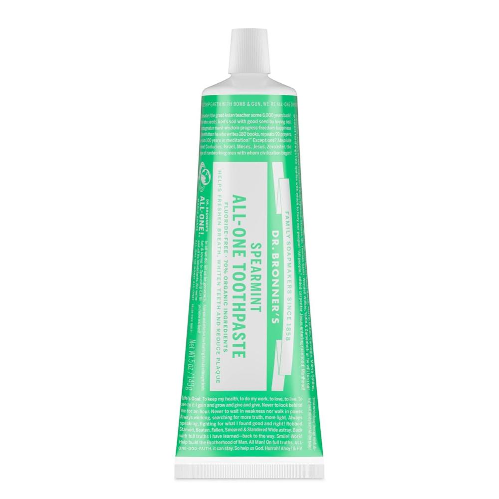 image:imageDr Bronners AllOne Toothpaste Spearmint 5 oz 1Pack FluorideFree Toothpaste for Adults SLSFree 70 Organic amp Natural Ingredients Vegan Helps Freshen Breath Reduce Plaque Whiten TeethSpearmint