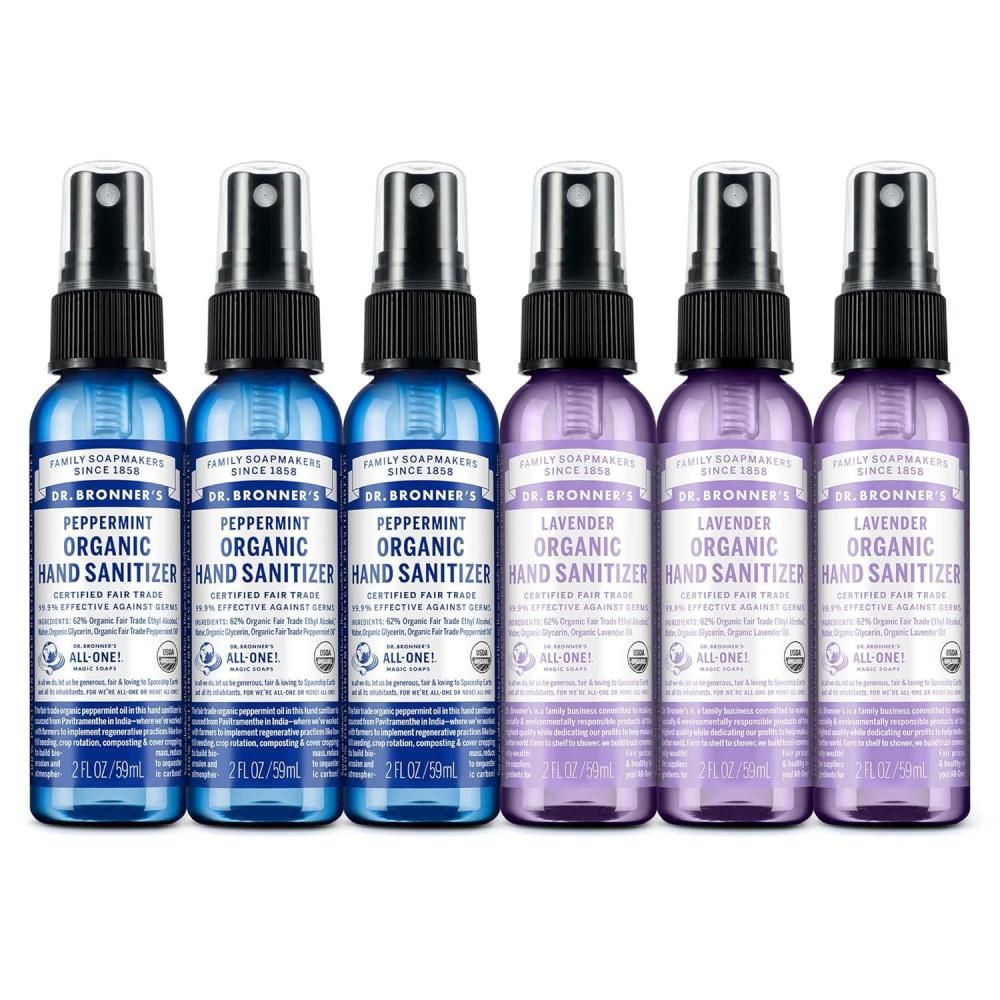 image:imageDr Bronners Organic Hand Sanitizer Spray Variety Pack Travel Size Bulk Simple amp Effective Formula Scented No Harsh Chemicals Peppermint 2oz 6PackLavender and Peppermint