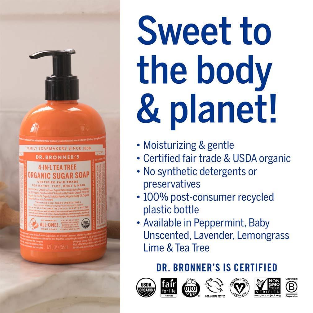 image:imageDr Bronners Organic Sugar Soap 12 oz Variety Pack Lavender Peppermint Tea Tree amp Lemongrass Made with Organic Oils Sugar amp Shikakai Powder 4in1 Use Hands Body Face amp Hair 4 Count