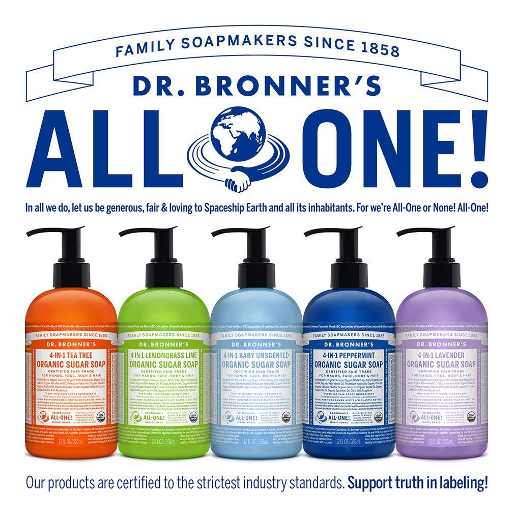 image:imageDr Bronners Organic Sugar Soap 12 oz Variety Pack Lavender Peppermint Tea Tree amp Lemongrass Made with Organic Oils Sugar amp Shikakai Powder 4in1 Use Hands Body Face amp Hair 4 Count