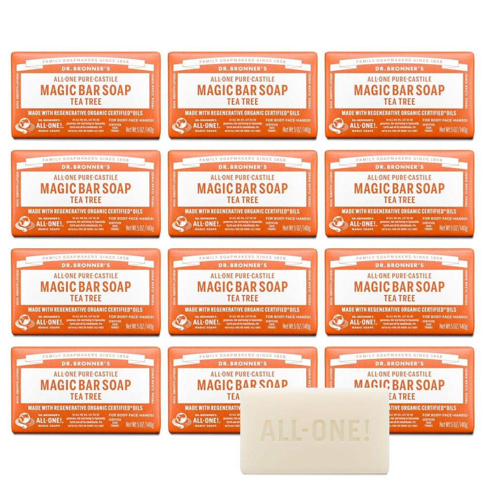 image:imageDr Bronners PureCastile Magic Bar Soaps Made with Regenerative Organic Certified Oils For Face Body Hair Vegan Soap Bars for Men amp Women Tea Tree 2 pack 5 oz5 Ounce Pack of 12