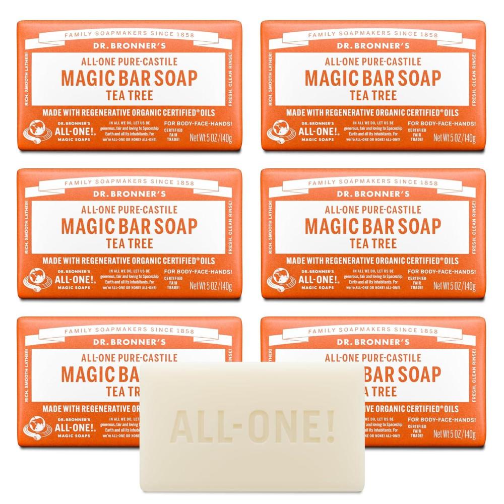 image:imageDr Bronners PureCastile Magic Bar Soaps Made with Regenerative Organic Certified Oils For Face Body Hair Vegan Soap Bars for Men amp Women Tea Tree 2 pack 5 oz5 Ounce Pack of 6