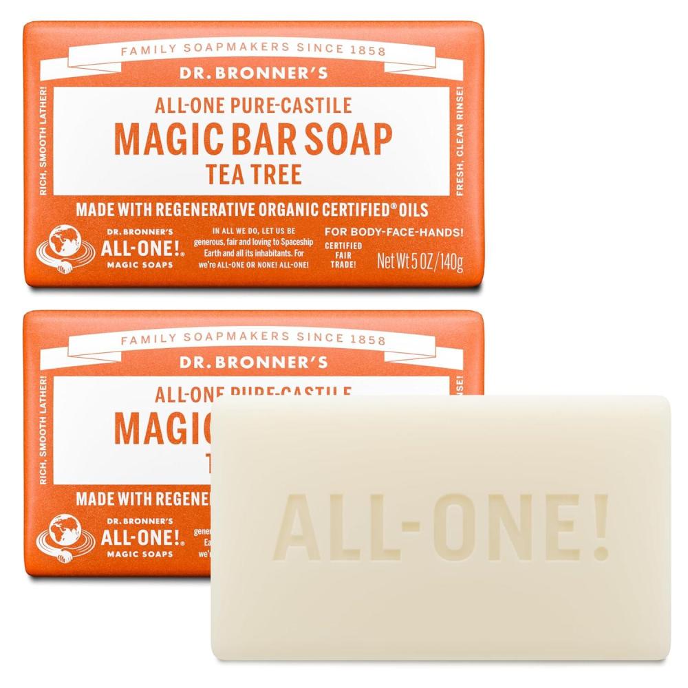 image:imageDr Bronners PureCastile Magic Bar Soaps Made with Regenerative Organic Certified Oils For Face Body Hair Vegan Soap Bars for Men amp Women Tea Tree 2 pack 5 oz5 Ounce Pack of 2