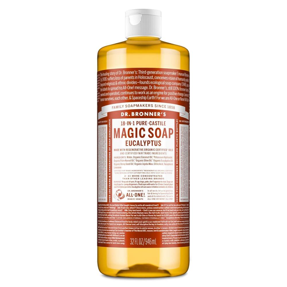 image:imageDr Bronners PureCastile Magic Soap Liquid Eucalyptus 32 Ounce Made with Regenerative Organic Certified Oils 18in1 Uses Face Body Hair Laundry Pets and Dishes Concentrated Vegan