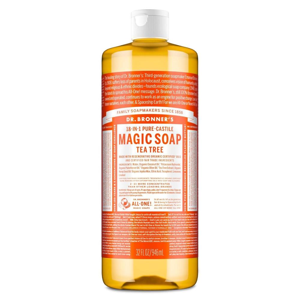 image:imageDr Bronners PureCastile Magic Soap Liquid Tea Tree 32 Ounce Made with Regenerative Organic Oils 18in1 Uses for Face Hair Laundry Dishes Hand Soaps amp Body Wash Natural Vegan NonGMOTea Tree
